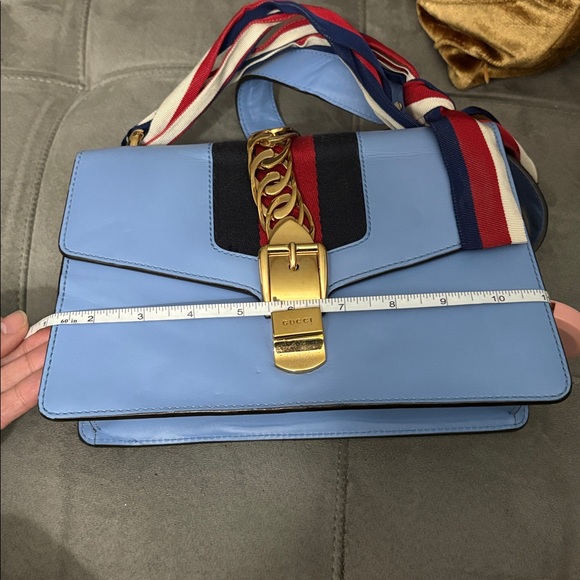 Gucci Sylvie Light Blue Crossbody Bag with Red and Gold Details - Picture 15 of 16